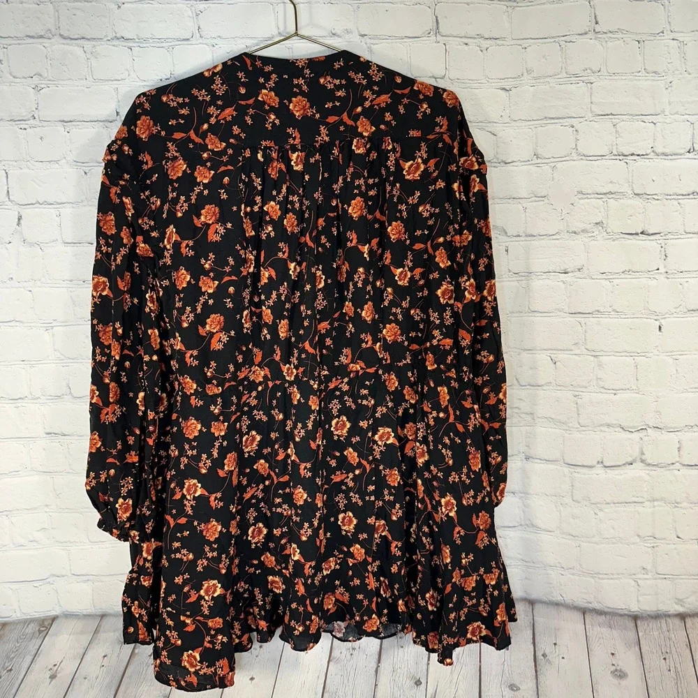 Free People Black Orange Floral Long Sleeve Ruffle Mini Dress XS Pockets FLAW